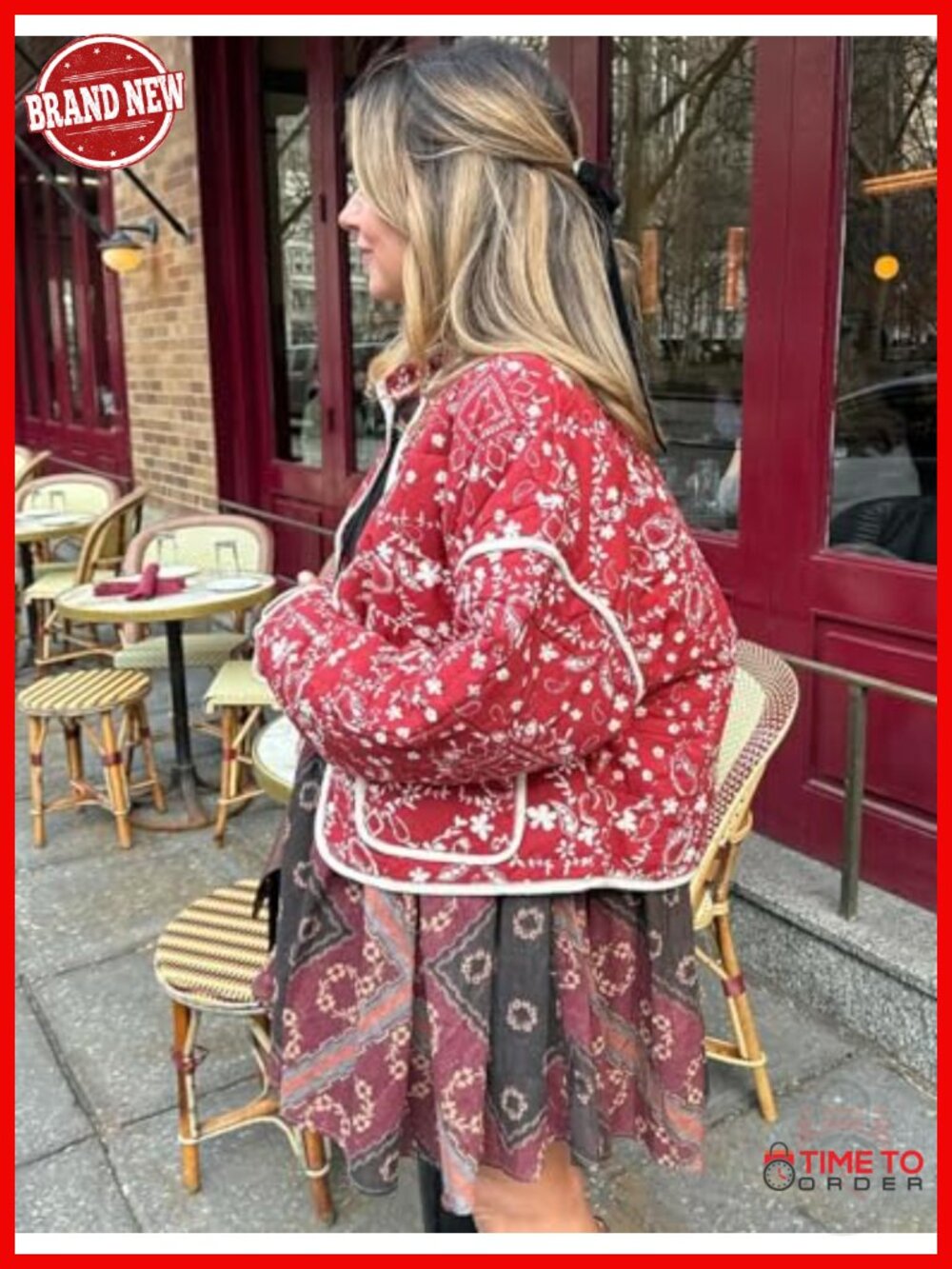 Cropped Puffer Quilted Jacket Vintage Floral Print Open Front Lightweight Short - Picture 4 of 6